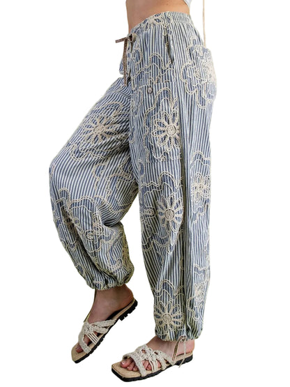 Pants&nbsp; Denim Blue Embroidered Floral Wide Leg 4 Pocket Sb60018DB