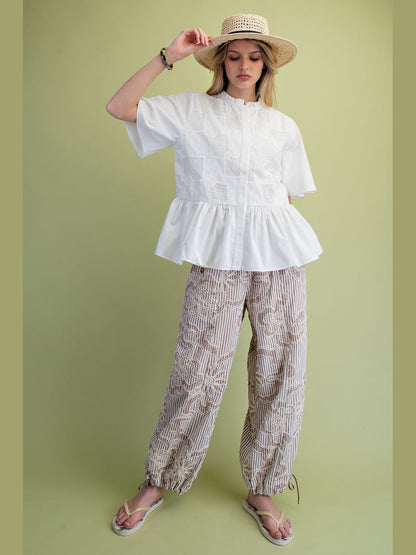 Pants  Mocha /White Embroidered Floral Wide Leg 4 Pocket  Draw String Sb60018m