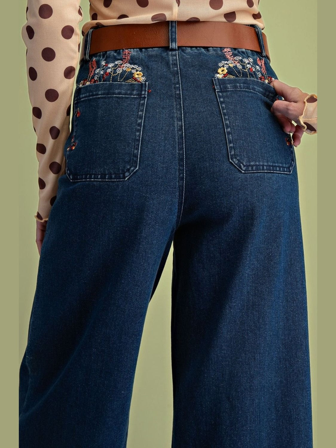 Pants Washed Stretched Denim 4 Pocket Embroidered Floral Sb600114
