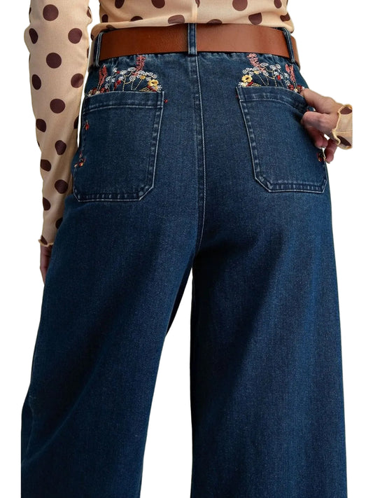 Pants Washed Stretched Denim 4 Pocket Embroidered Floral Sb600114