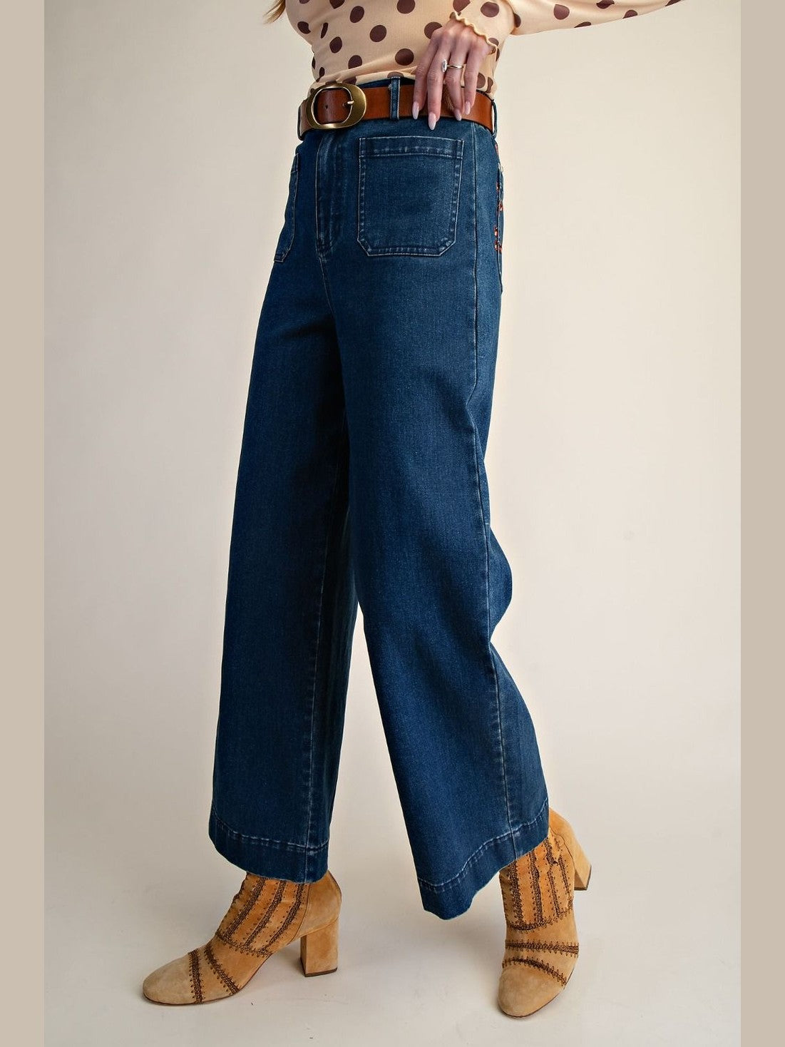 Pants Washed Stretched Denim 4 Pocket Embroidered Floral Sb600114