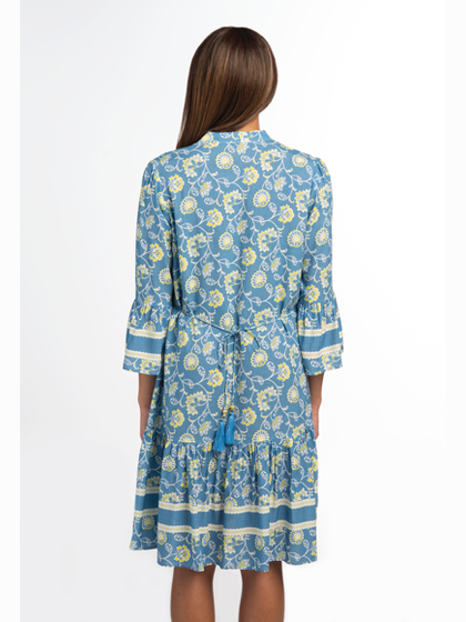 Dress Blue Bell Print Tiered 3/4 Sleeve Sdres301 
