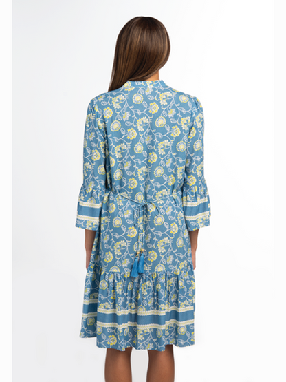 Dress Blue Bell Print Tiered 3/4 Sleeve Sdres301 