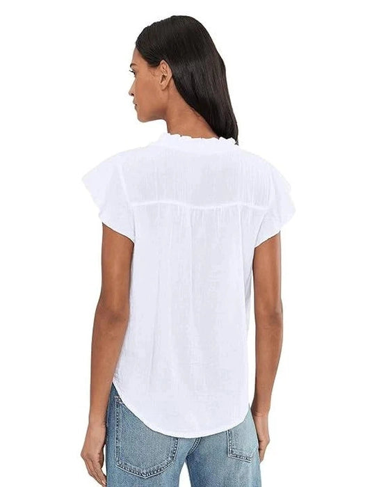 Blouse Pullover 2 Button White Ruffle Neck Curved Hem 1/4 Sleeve 41g-L0178