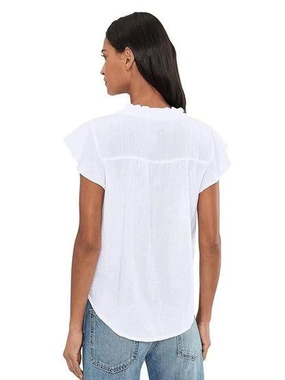 Blouse Pullover 2 Button White Ruffle Neck Curved Hem 1/4 Sleeve 41g-L0178