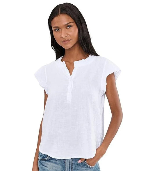 Blouse Pullover 2 Button White Ruffle Neck Curved Hem 1/4 Sleeve 41g-L0178
