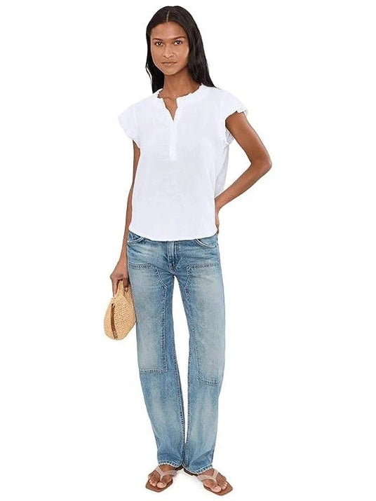 Blouse Pullover 2 Button White Ruffle Neck Curved Hem 1/4 Sleeve 41g-L0178
