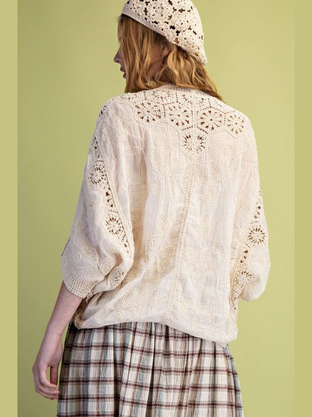 Top 3 Button Front Dolman Sleeve Crochet Mix Knit  Women's  ST100070OW