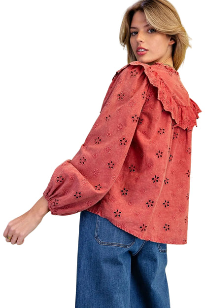 Top Pullover Boho Red 8 Button Front Long Sleeve Women's&nbsp; ST200048