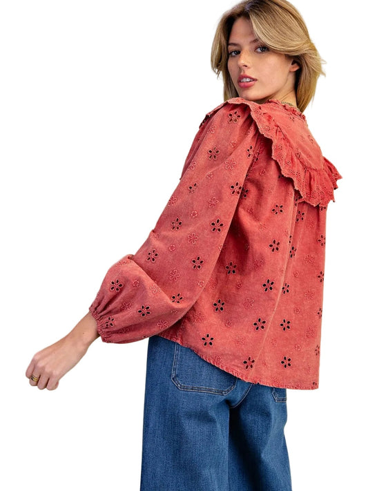 Top Pullover Boho Red 8 Button Front Long Sleeve Women's&nbsp; ST200048