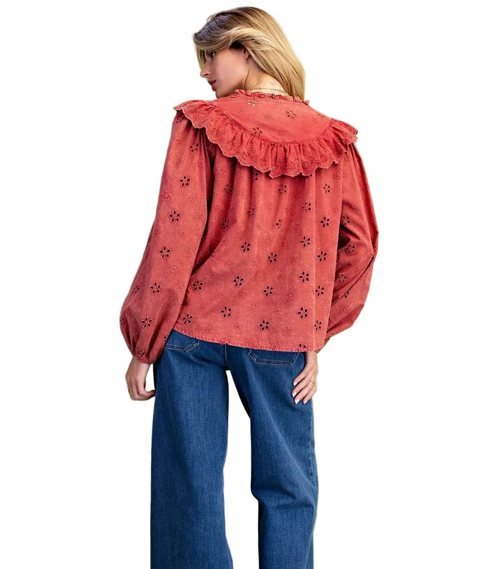 Top Pullover Boho Red 8 Button Front Long Sleeve Women's&nbsp; ST200048