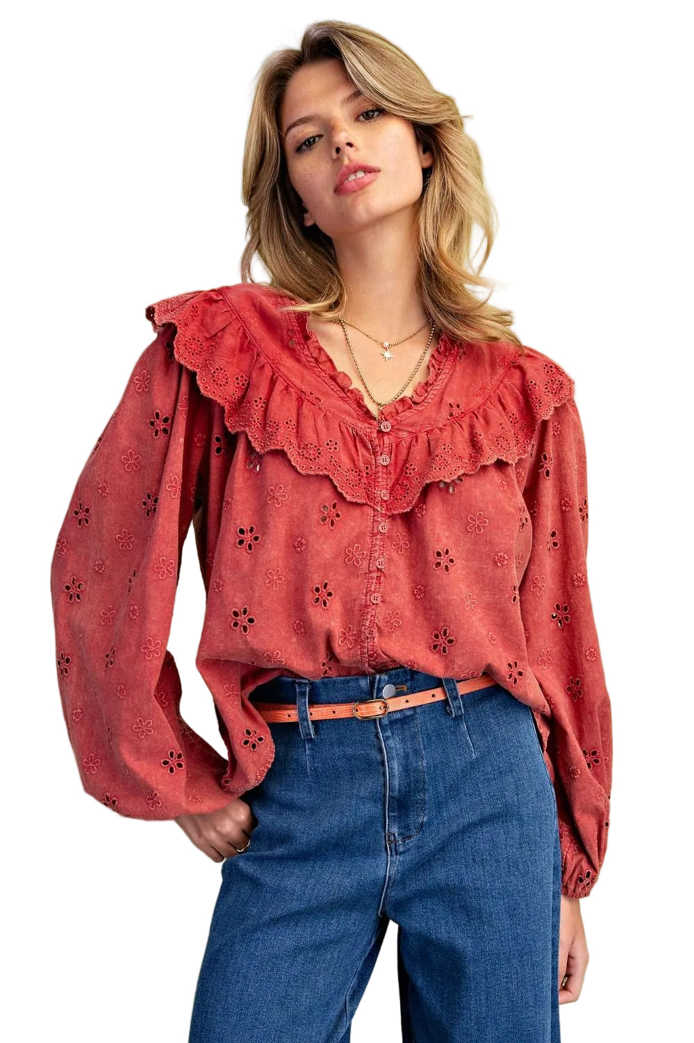 Top Pullover Boho Red 8 Button Front Long Sleeve Women's&nbsp; ST200048