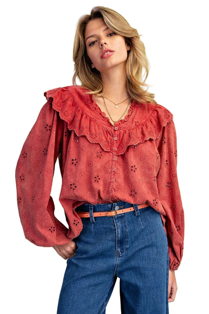 Top Pullover Boho Red 8 Button Front Long Sleeve Women's&nbsp; ST200048