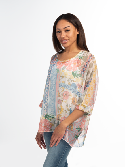 Top Pullover  Sheer Peach Floral Patch Work One Size Stop315 