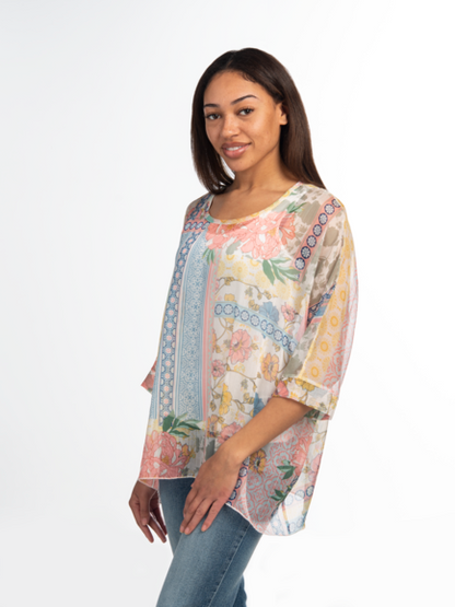 Top Pullover  Sheer Peach Floral Patch Work One Size Stop315 