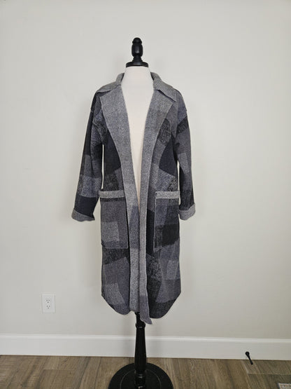 Jacket Long Open Front 2 Pocket  Black Plaid Long Sleeve Women's 526