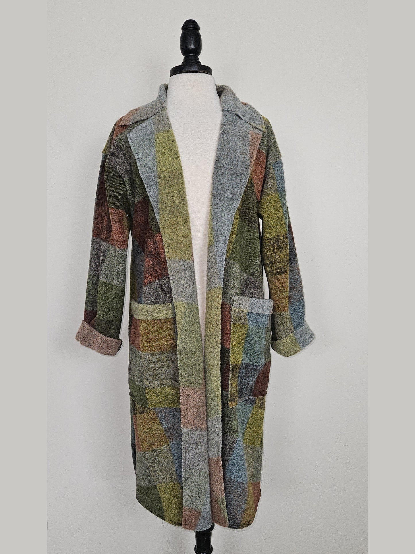 Jacket Long Open Front 2 Pocket  Multi Colored Plaid Long Sleeve Women's 526