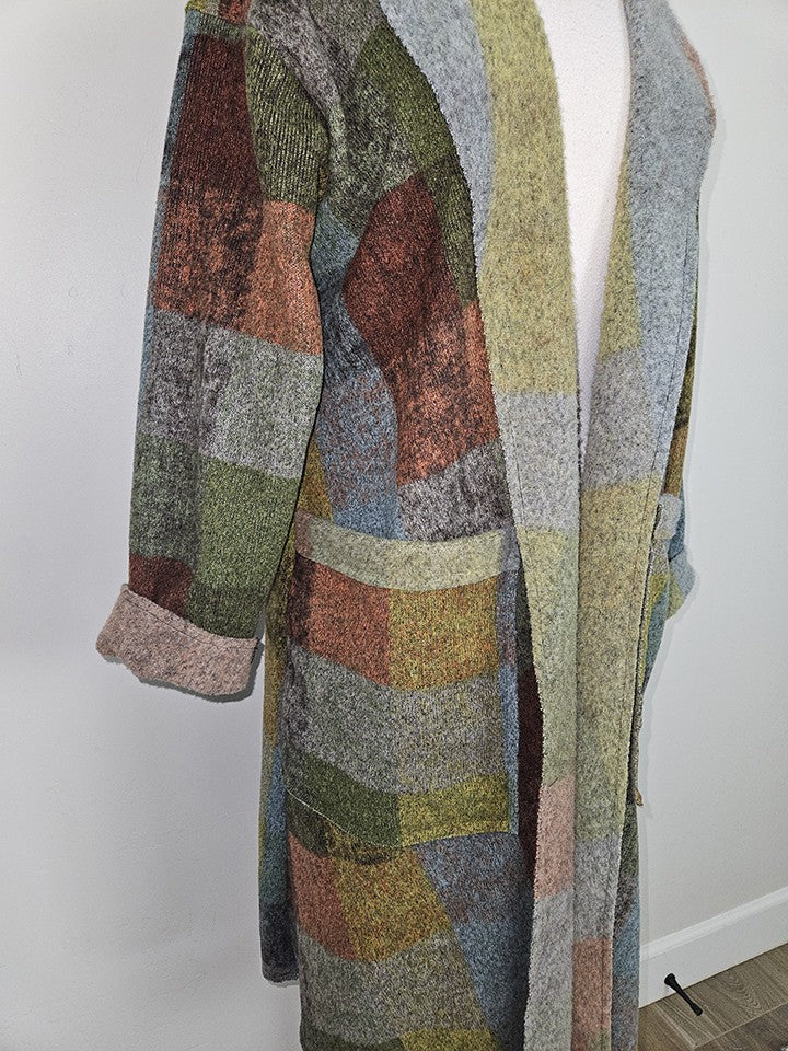 Jacket Long Open Front 2 Pocket  Multi Colored Plaid Long Sleeve Women's 526