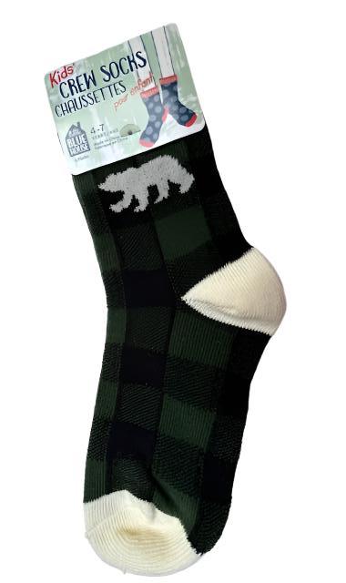 Children's Socks - Forest Green and Black Plaid Bear 