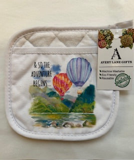 Pot Holder - & So the Adventure Begins - Hot Air Balloons - White 