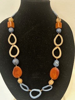 Tagua Necklace - LC680-BB -Blues / Brown 