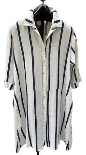 Long Tunic - Button down front - Button up sleeve - Front pocket 100% Linen - Women- Blue stripe -ONESIZE 