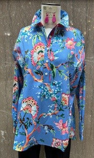 Blouse Pullover Blue Floral Generous Fit Women's 82101 