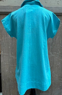 Top Pullover 1/4 Sleeve Collared V Neck Teal Women's L1680 