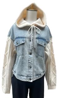 Denim Jacket with Knit Sweater Sleeves & Hood 