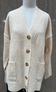 Cardigan Off White Knit Fabric With Black Accents on Edging SWL11280 