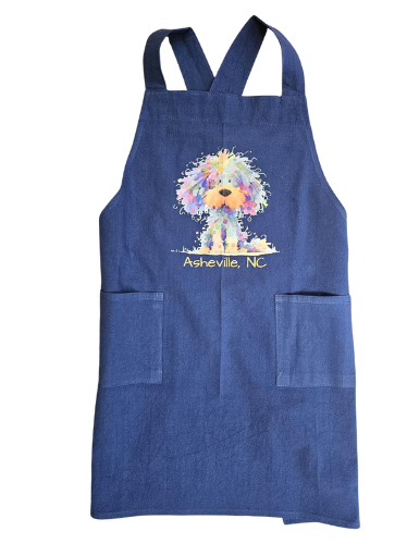 Child's Apron Navy Cotton Cross Back Dog Multi Color Asheville Logo