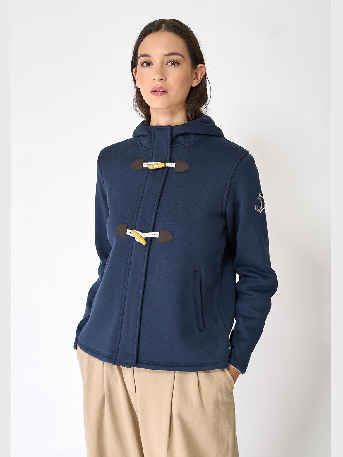  Hoodie Jacket Zipper Front 2 Pocket Navy Blue Bonded Terry Anchor Detail Women's A2389/Ma