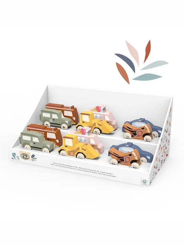 Set of colorful wooden toy cars in a box with floral design on a white background