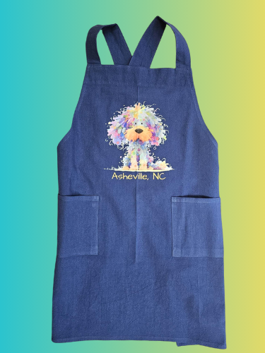 Child's Apron Navy Cotton Cross Back Dog Multi Color Asheville Logo