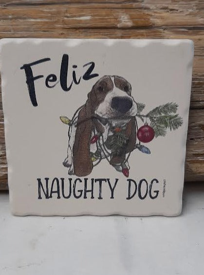 Feliz,Naughty Dog-Christmas Coaster- Bassett Hound - 02-02001 