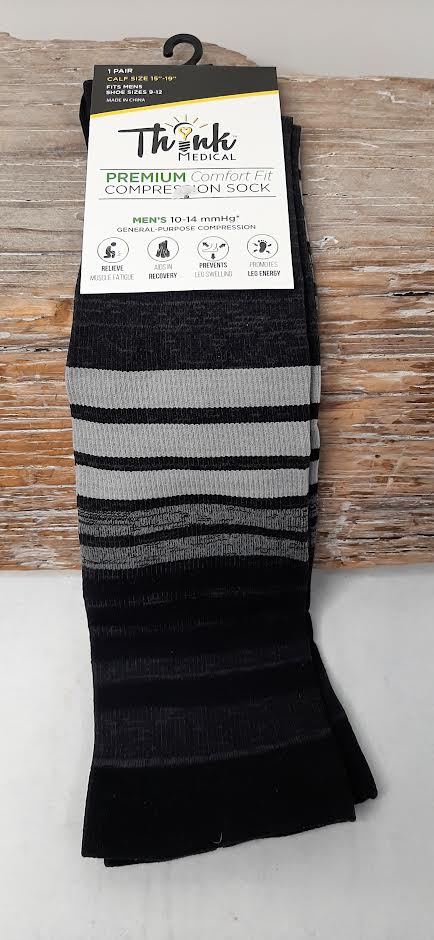 Black/Grey Stripe-Compression Sock-M 9-12-Think Medical 
