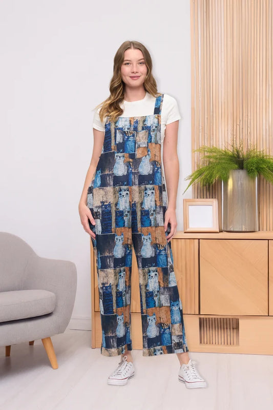 Sm-Overalls Wide Leg Navy Blue Cat Print&nbsp; SMT2614N