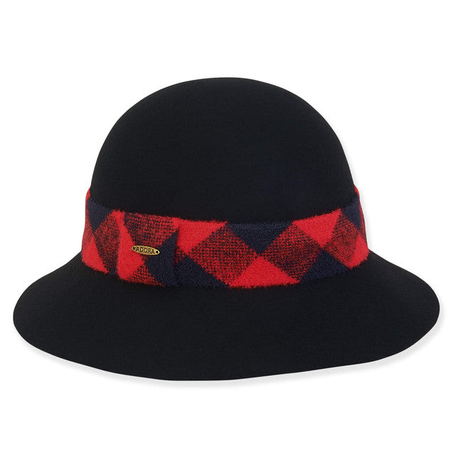 Hat Black/Red Plaid Trim Wool Felt Bucket 2.75" Brim Women's-AD1511B