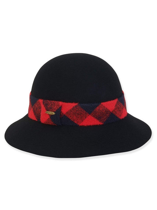Hat Black/Red Plaid Trim Wool Felt Bucket 2.75" Brim Women's-AD1511B
